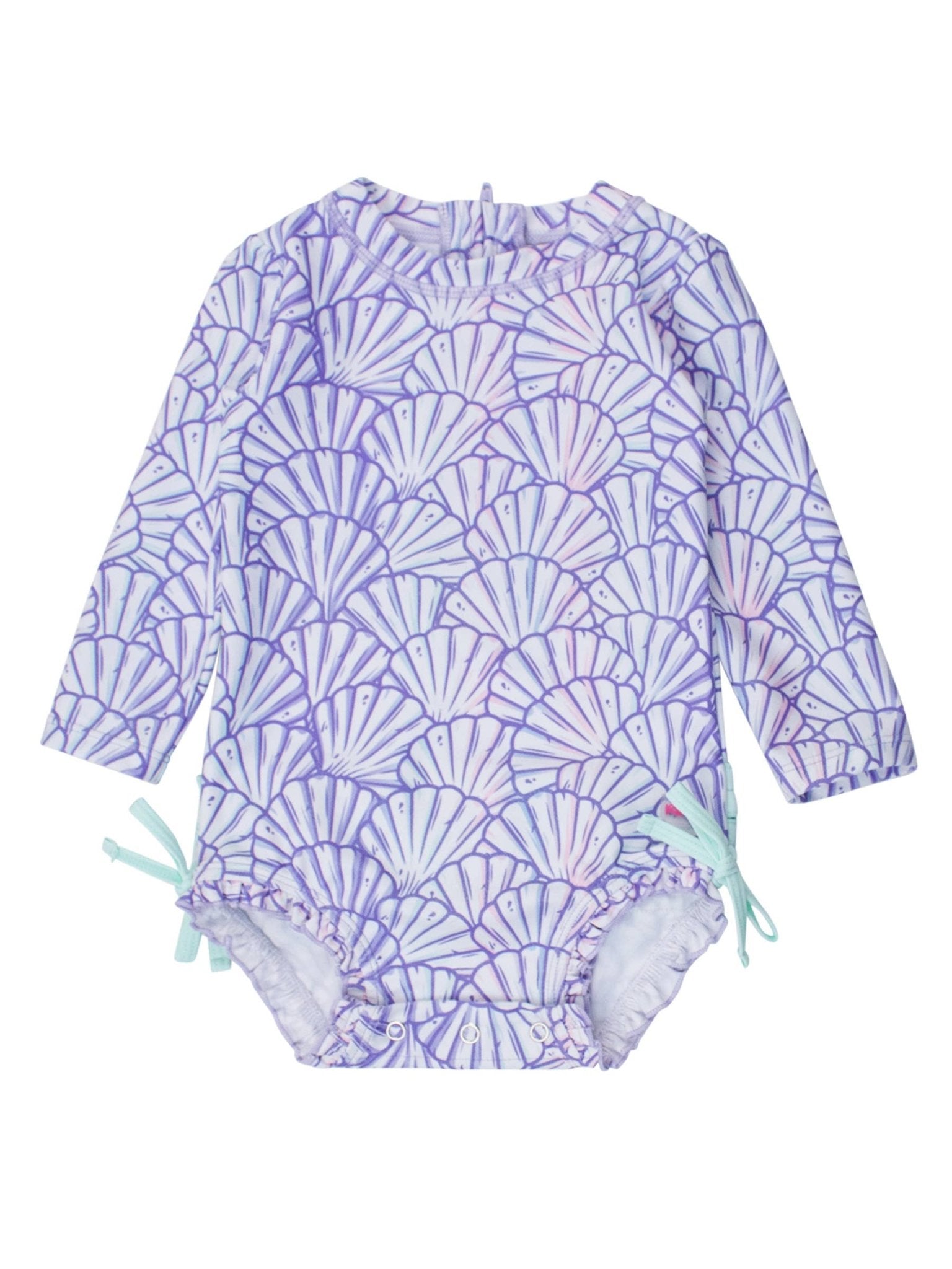 RuffleButts + RuggedButts - Baby Girls Magical Mermaid Long Sleeve One Piece Rash Guard Swimsuit with Signature Rear Ruffles - For All Elements