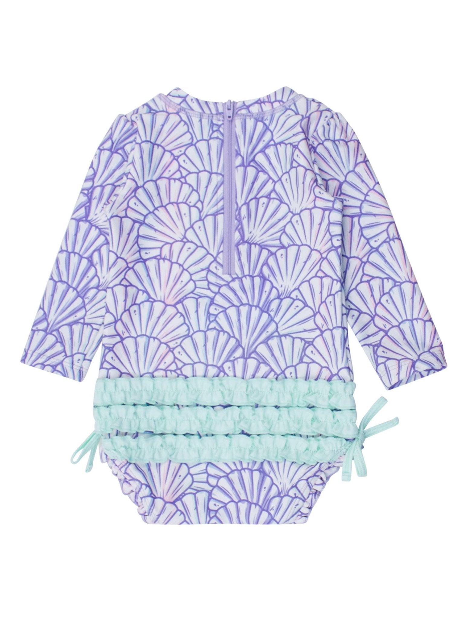 RuffleButts + RuggedButts - Baby Girls Magical Mermaid Long Sleeve One Piece Rash Guard Swimsuit with Signature Rear Ruffles - For All Elements