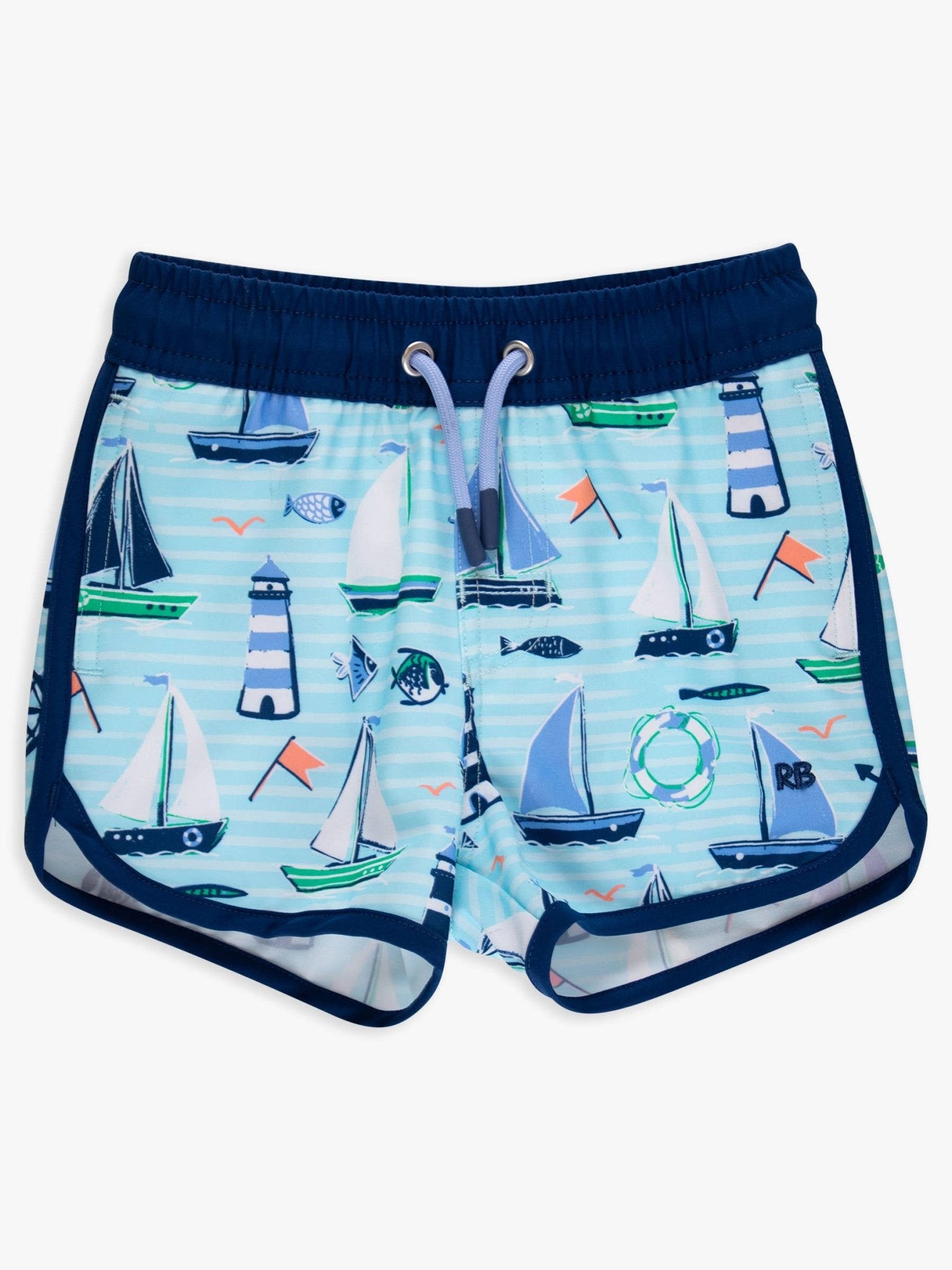 RuffleButts + RuggedButts - Boys Blue Sweet Sails Performance Hybrid Dolphin Hem Swim Trunks - For All Elements