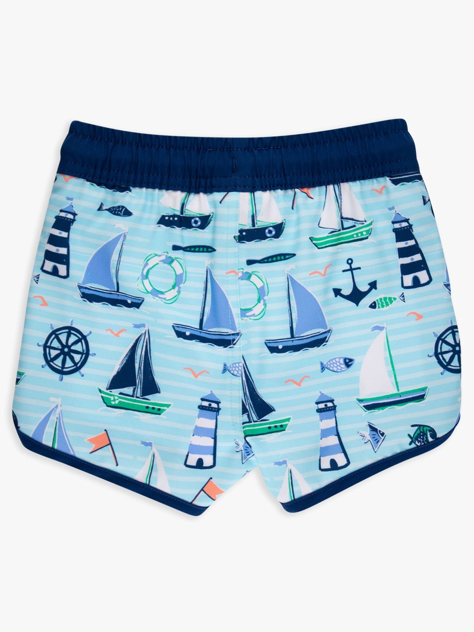 RuffleButts + RuggedButts - Boys Blue Sweet Sails Performance Hybrid Dolphin Hem Swim Trunks - For All Elements